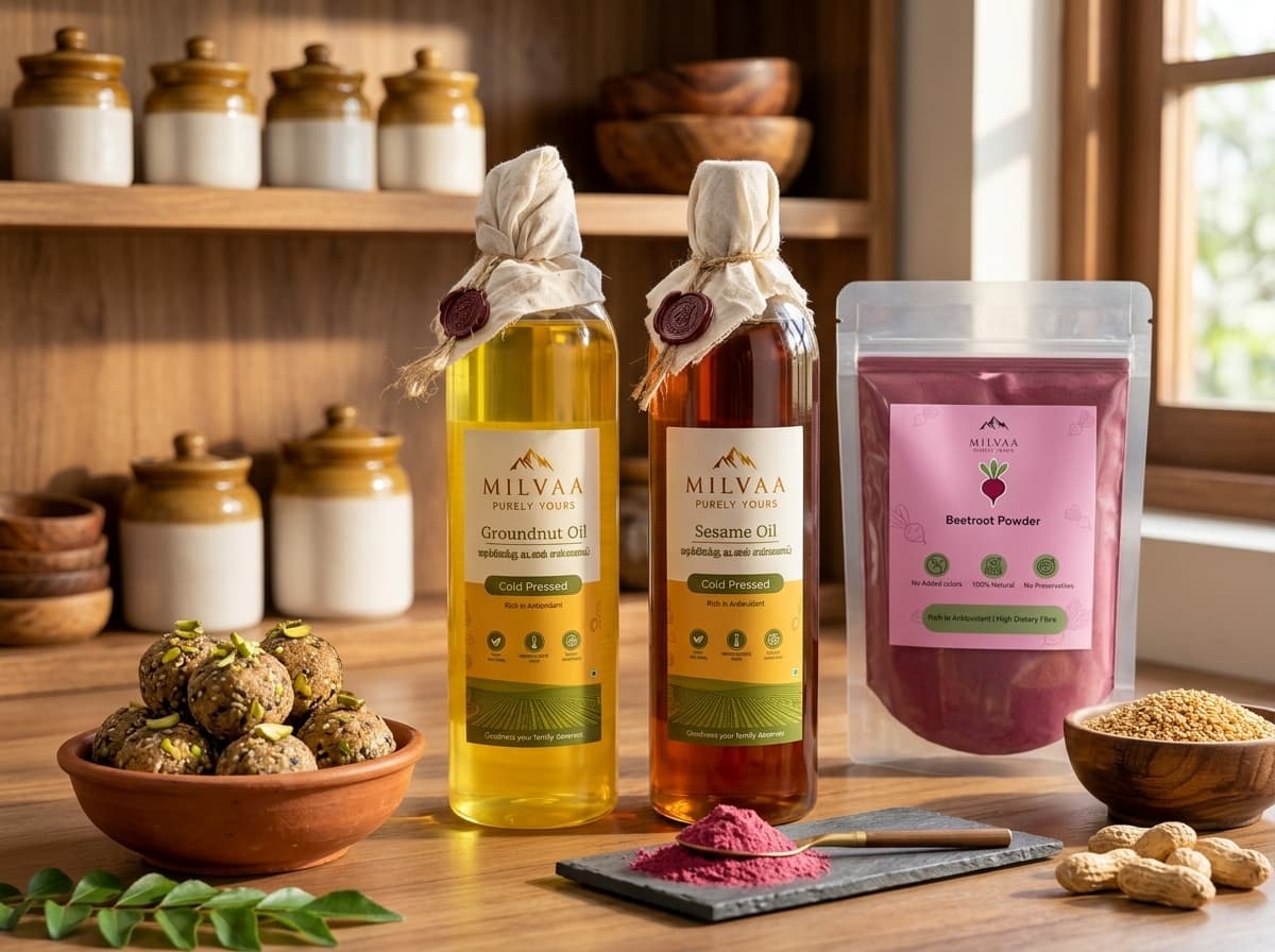 Milvaa cold-pressed oils, organic powders, and handmade seed ladoos